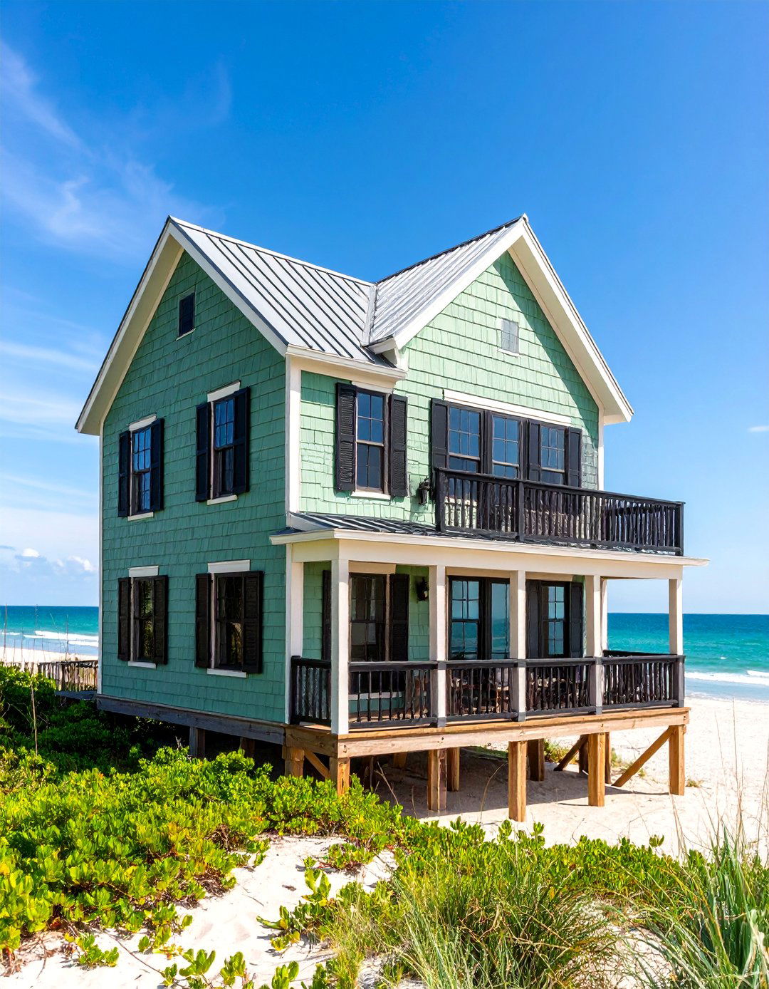 Beach House with Black Storm Shutters - 25 Sage Green House With Black Door