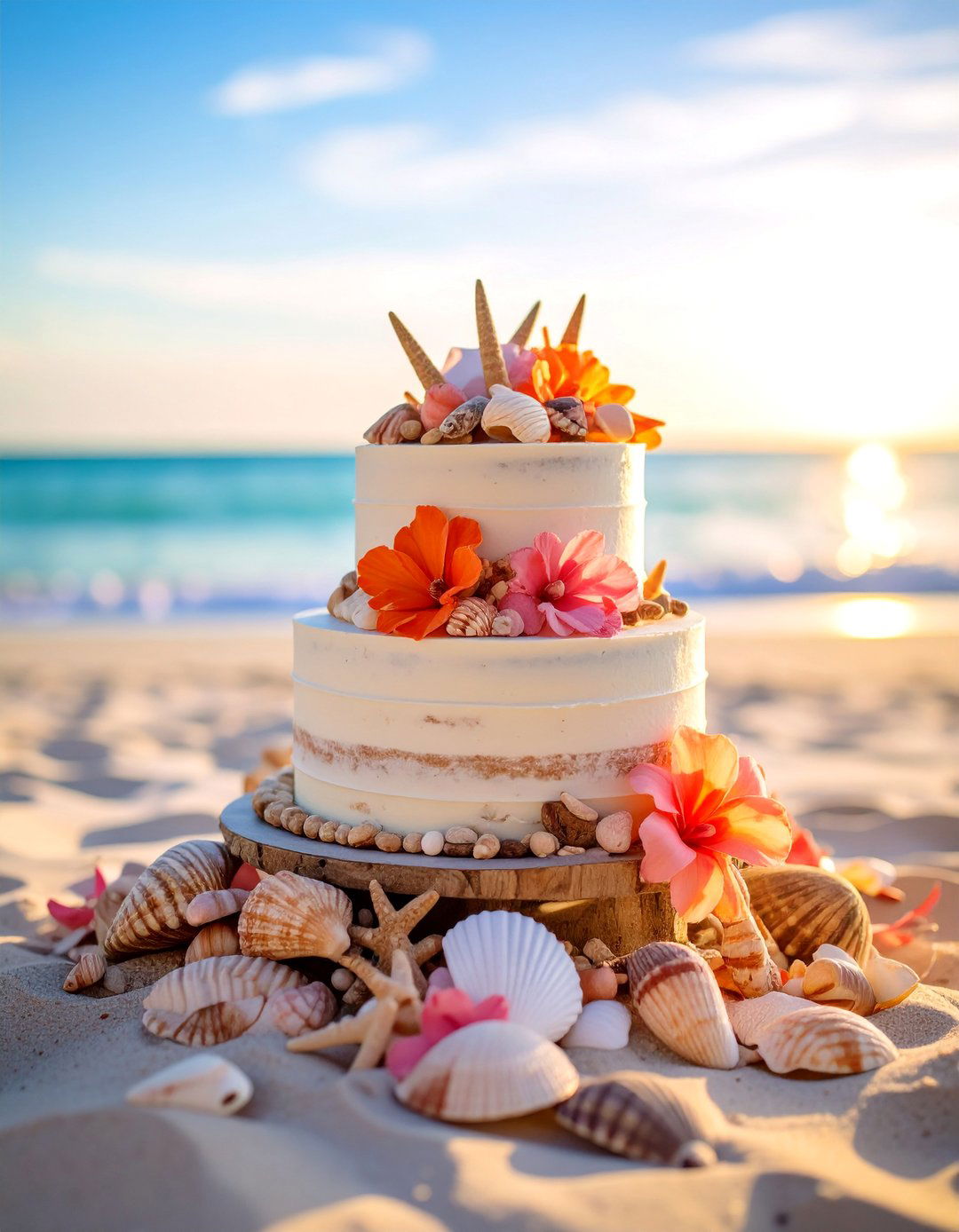 Beach Wedding Naked Cake with Coastal Elements - 25 Naked and Semi-naked Wedding Cake Ideas