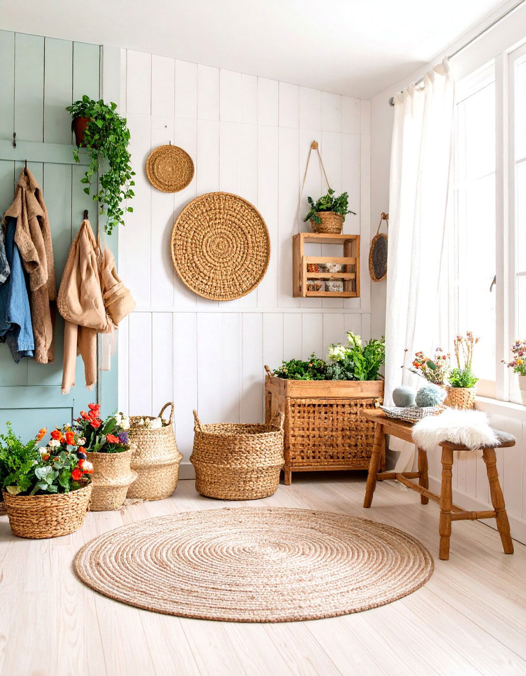 Beadboard Cottage Mudroom with Wicker Storage - 25 Farmhouse Mudroom Ideas