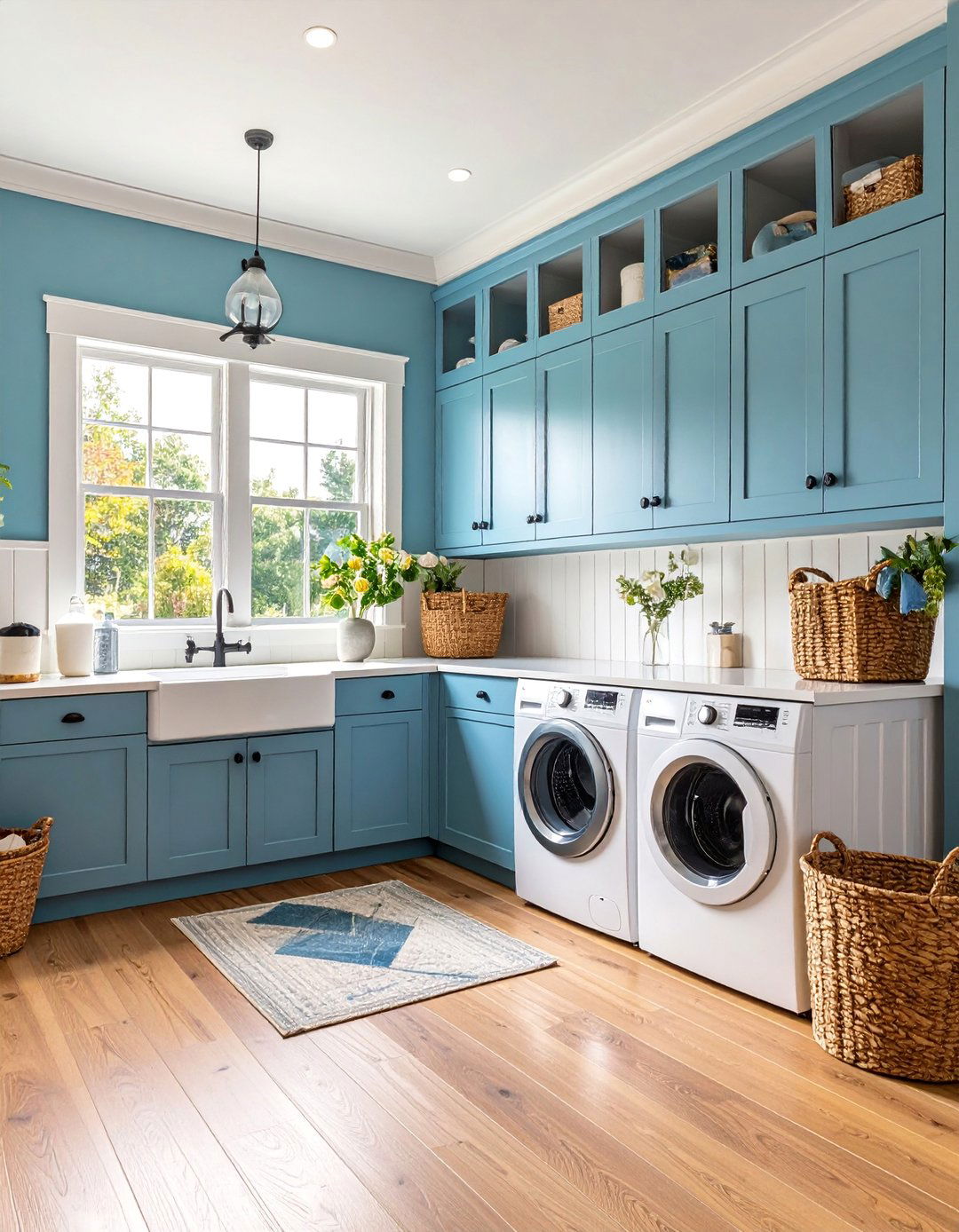 Beadboard Wainscoting with Black Upper Cabinets - 25 Black and White Laundry Room Ideas