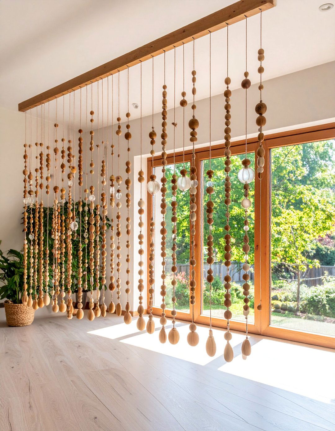 Beaded Curtain Room Dividers with Wooden Elements - 25 Boho Curtain Ideas