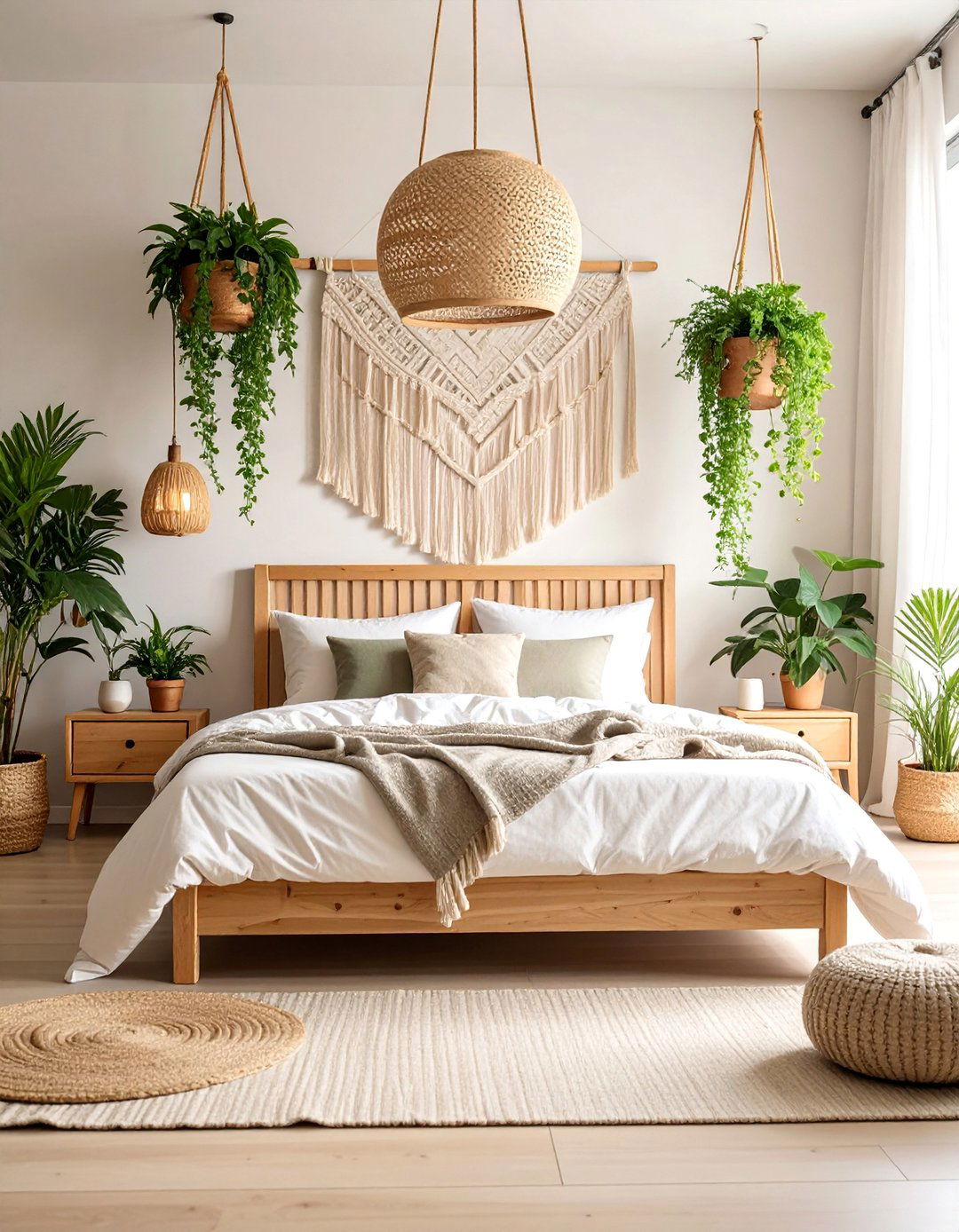 Bedroom with Hanging Plants and Stenciled Feature Wall - 25 Boho Farmhouse Decor Ideas