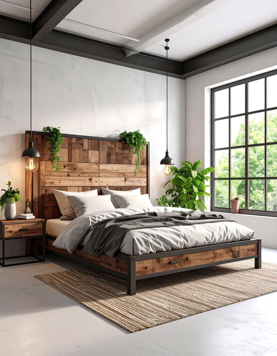 Bedroom with Industrial Headboard and Metal Night Stands - 25 Industrial Interior Design Style Ideas