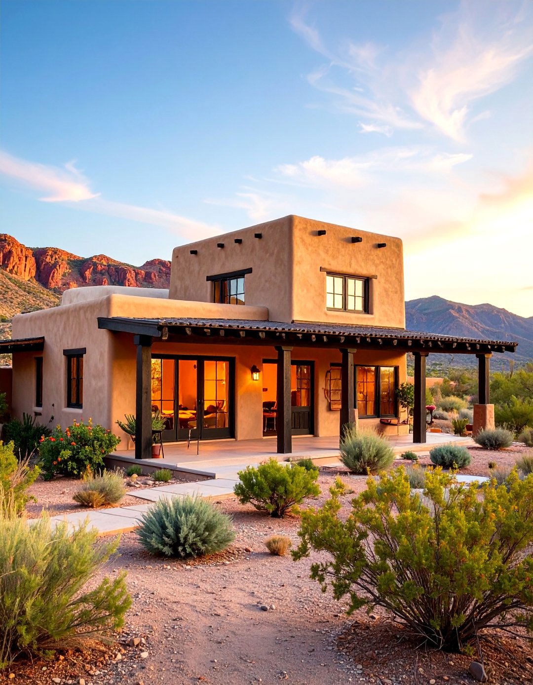 Beige Adobe Style with Black Vigas and Window Frames - 25 beige and black house exterior ideas
