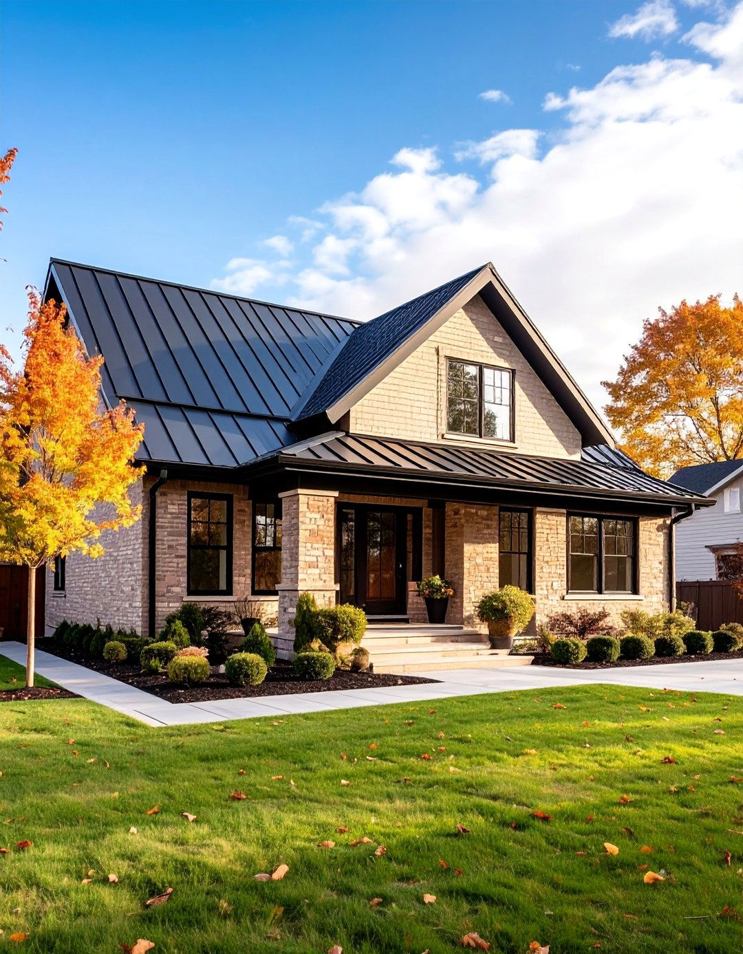 Beige Brick Ranch with Black Metal Roofing - 25 beige and black house exterior ideas