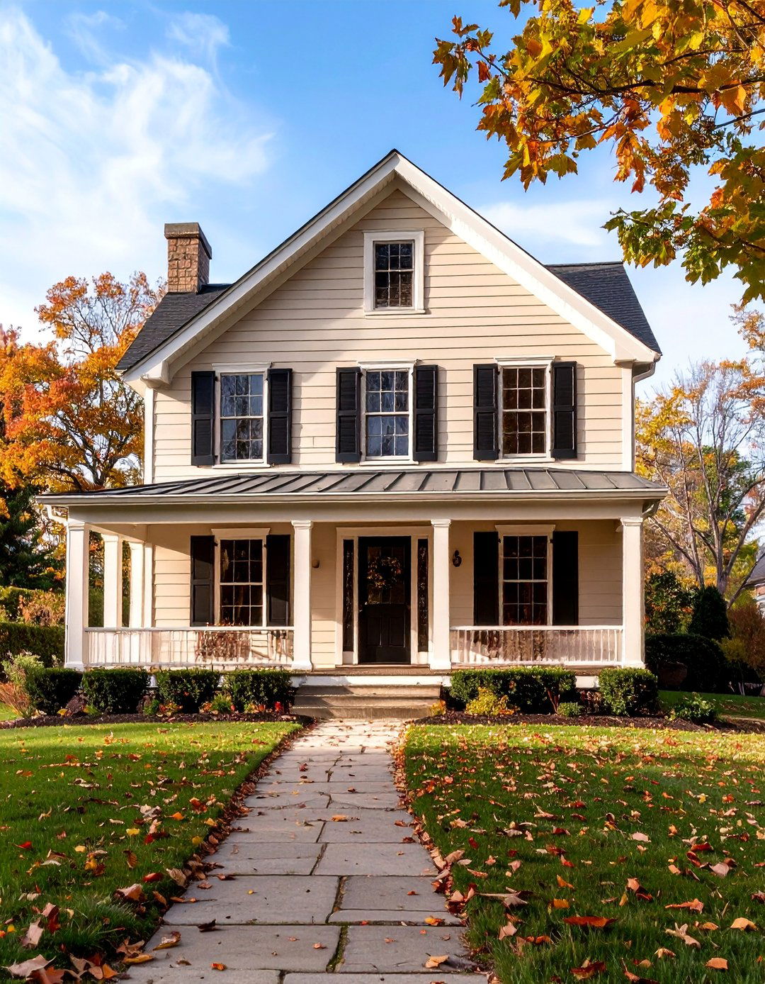 Beige Cottage with Black Cross Hatch Window Shutters - 25 beige and black house exterior ideas