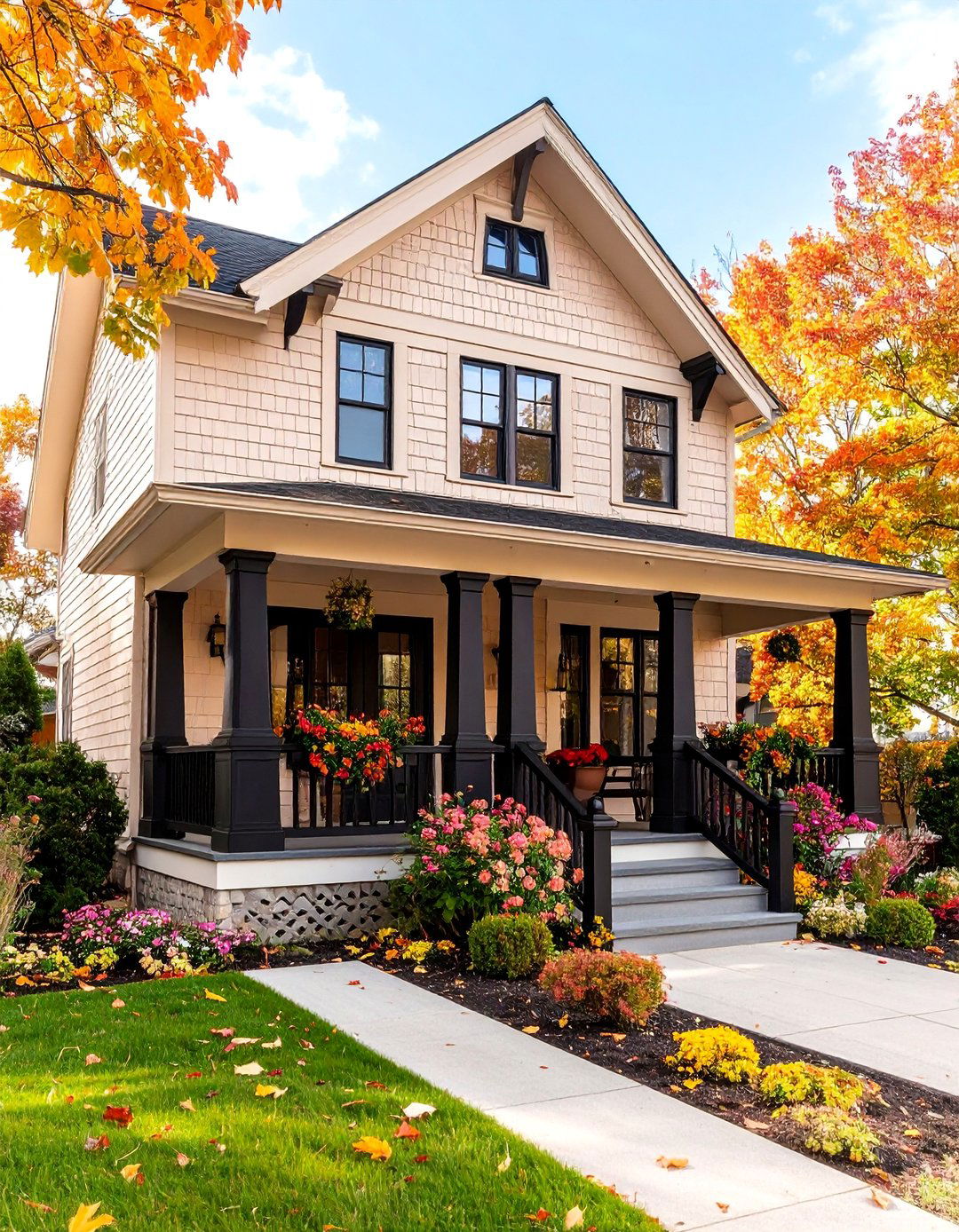 Beige Craftsman Bungalow with Black Porch Details - 25 beige and black house exterior ideas