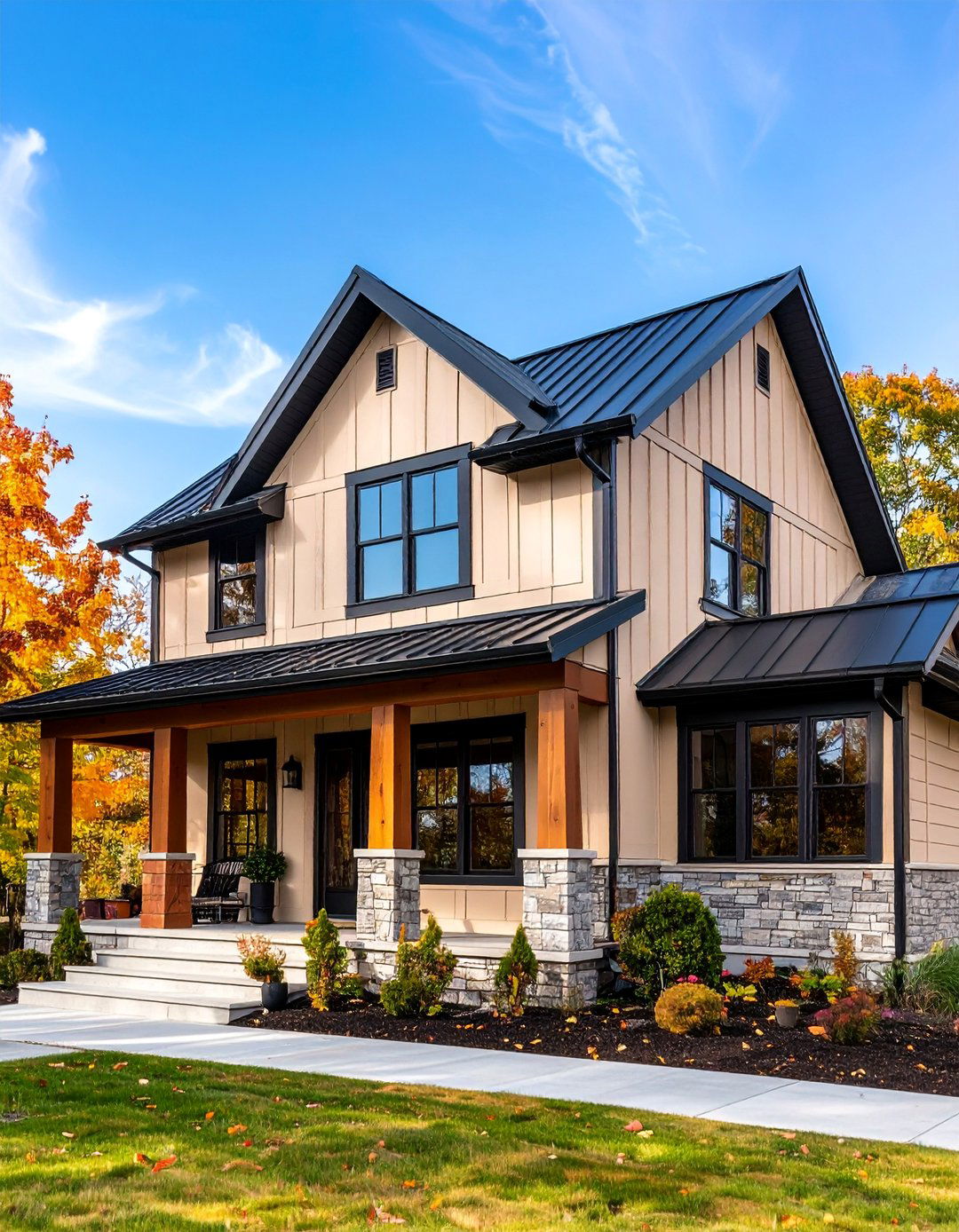 Beige Farmhouse with Black Board and Batten Siding Accents - 25 beige and black house exterior ideas