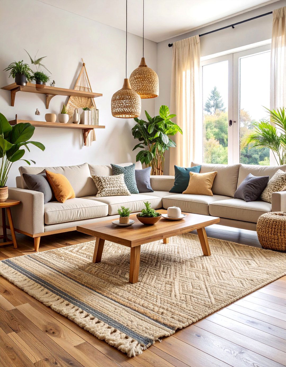 Beige Layered Rug Living Room with Natural Wood Accents - 25 Neutral Boho Living Room Ideas