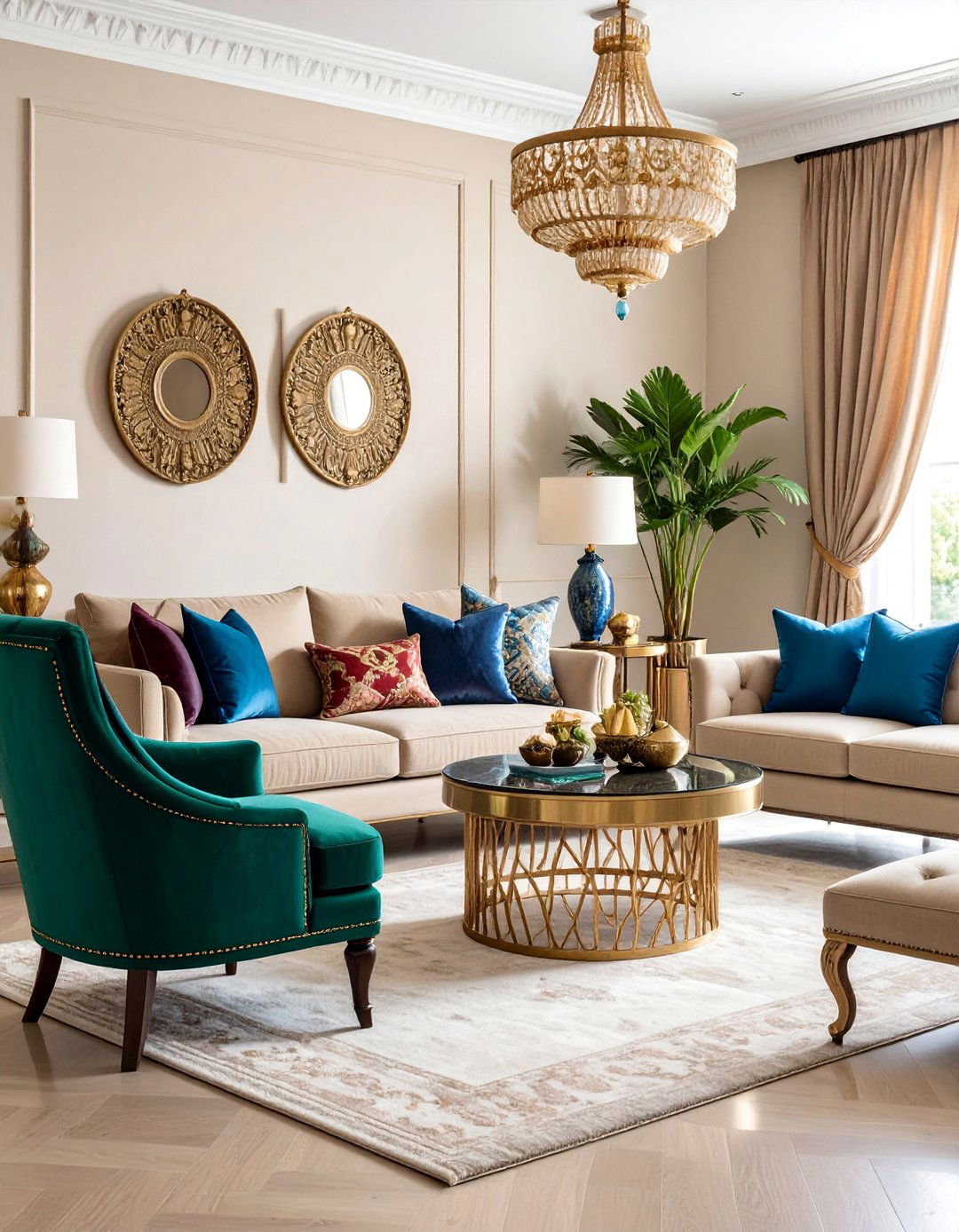 Beige Living Room with Jewel Tone Accents - 25 Beige Living Room Ideas
