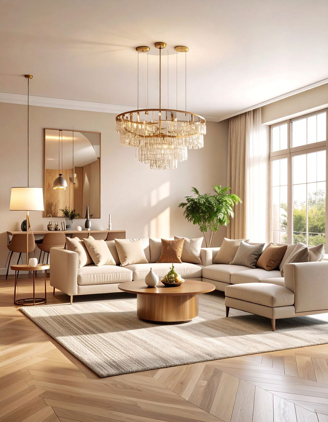 Beige Living Room with Statement Lighting - 25 Beige Living Room Ideas