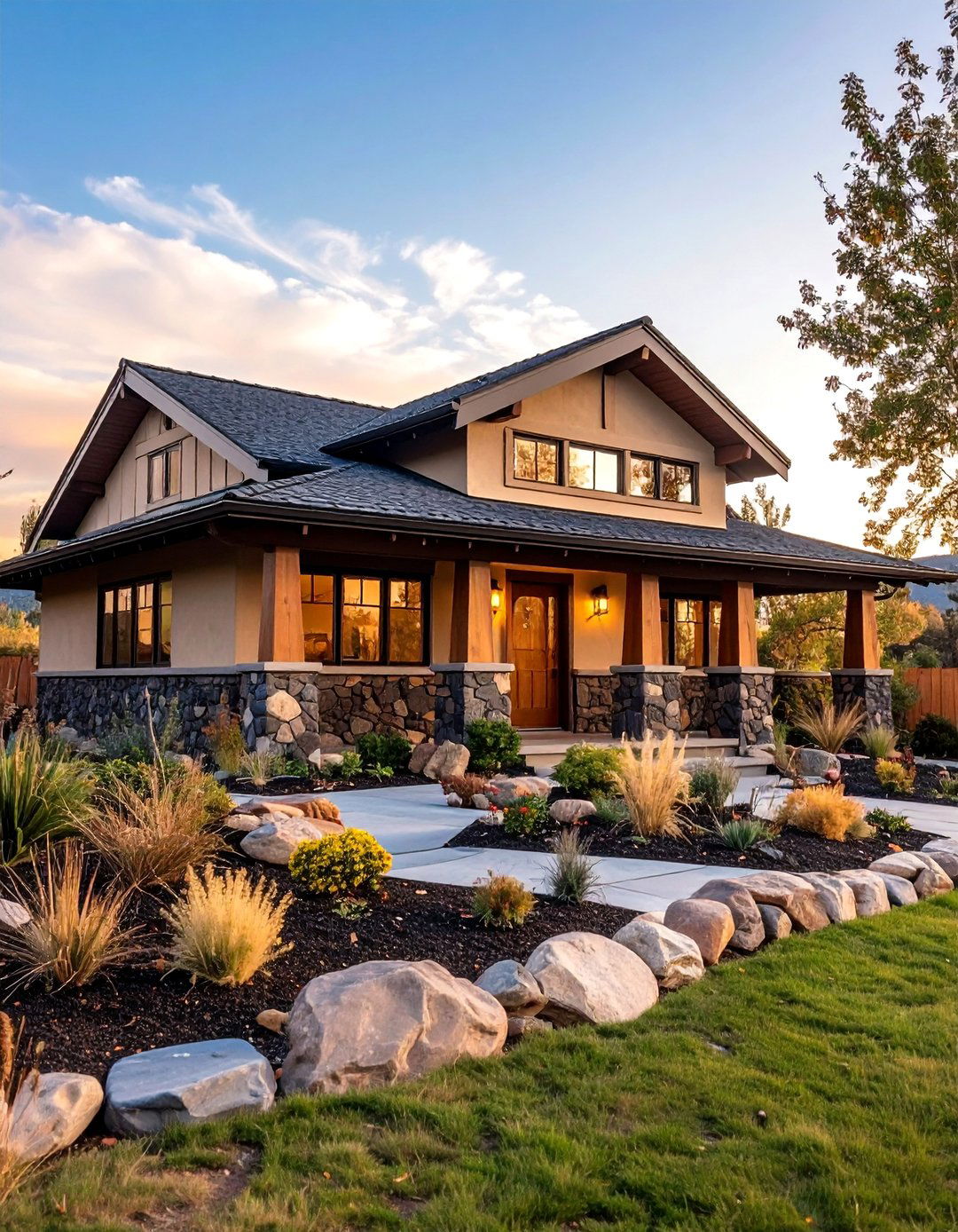 Beige Ranch with Black Stone Wainscoting - 25 beige and black house exterior ideas