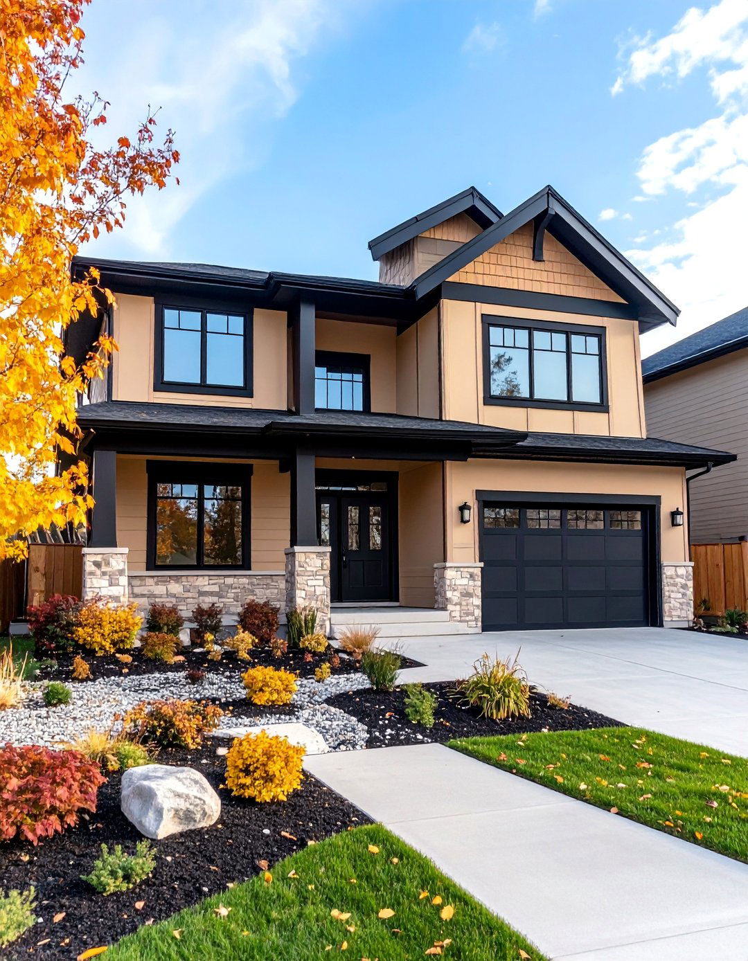 Beige Split Level with Black Trim and Front Door - 25 beige and black house exterior ideas