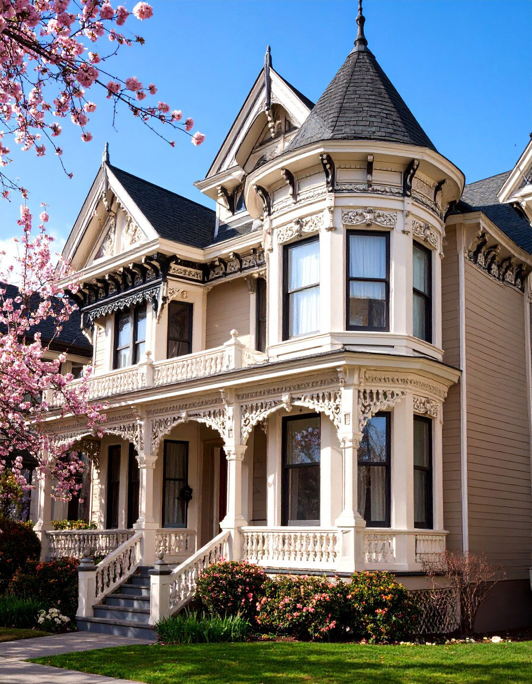 Beige Victorian with Black Gingerbread Trim Details - 25 beige and black house exterior ideas