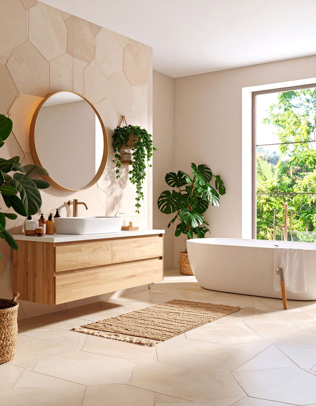 Beige and Cream Hexagon Neutral Spa Retreat - 25 Hexagon Tiles Ideas for Bathrooms