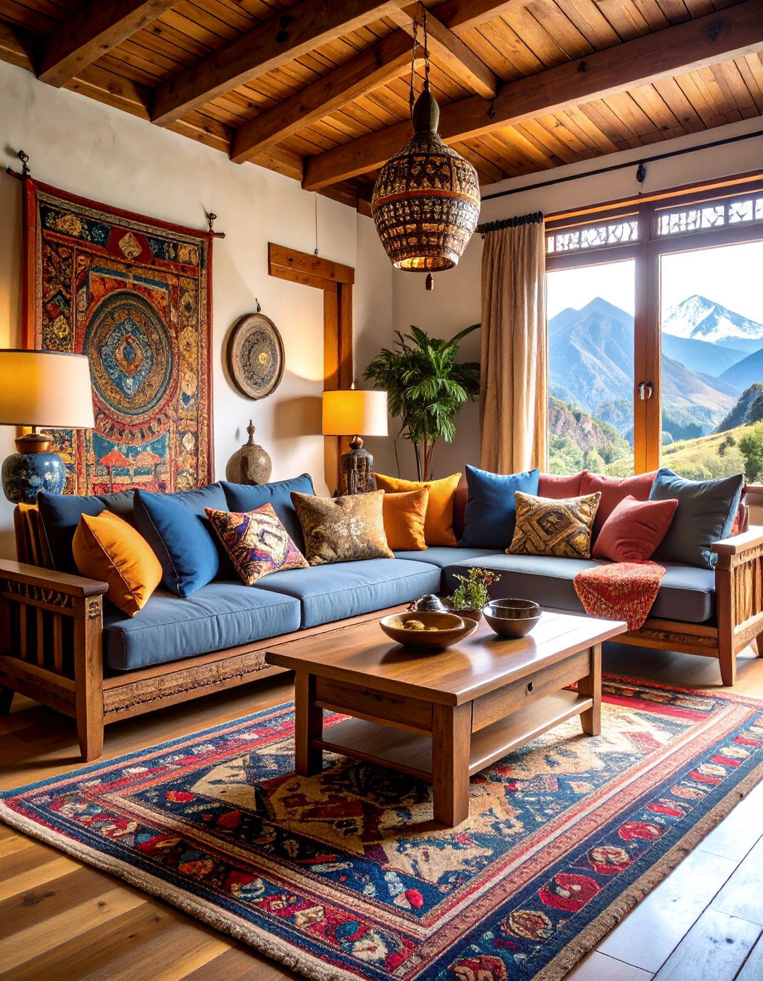 Bhutanese Living Room with Himalayan Mountain Elements - 25 Asian Living Room Ideas