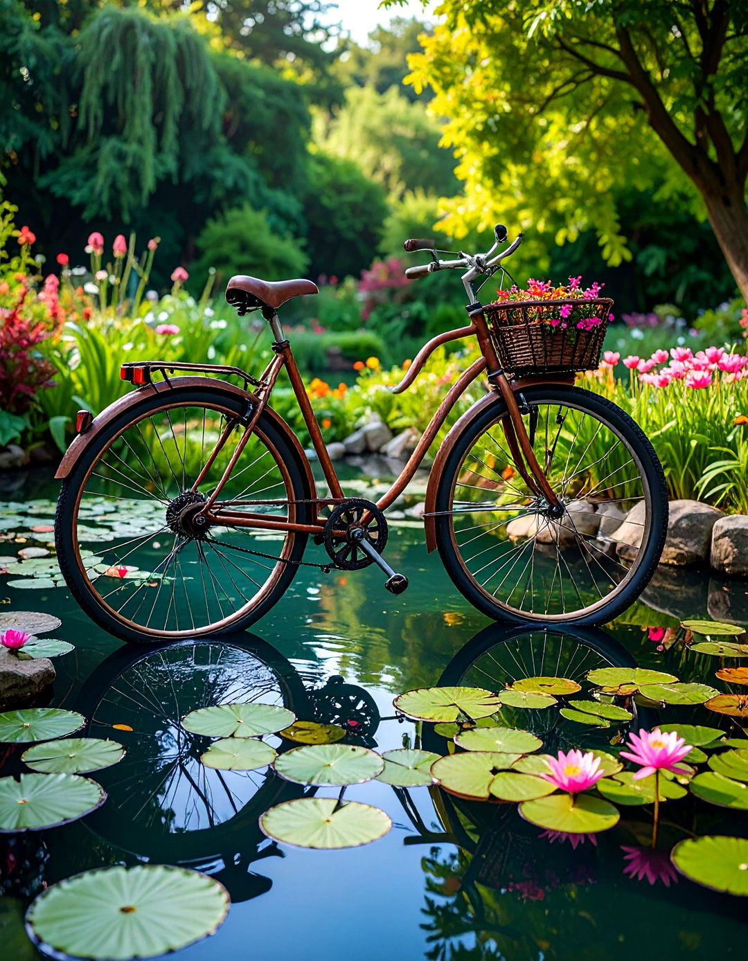 Bicycle Pond Garden Water Feature - 25 Old Bicycle Garden Ideas
