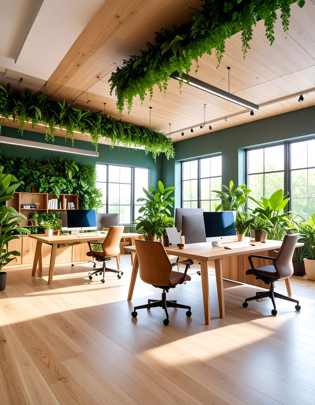 Biophilic Green Loft Office with Living Elements - 25 Loft Office Ideas