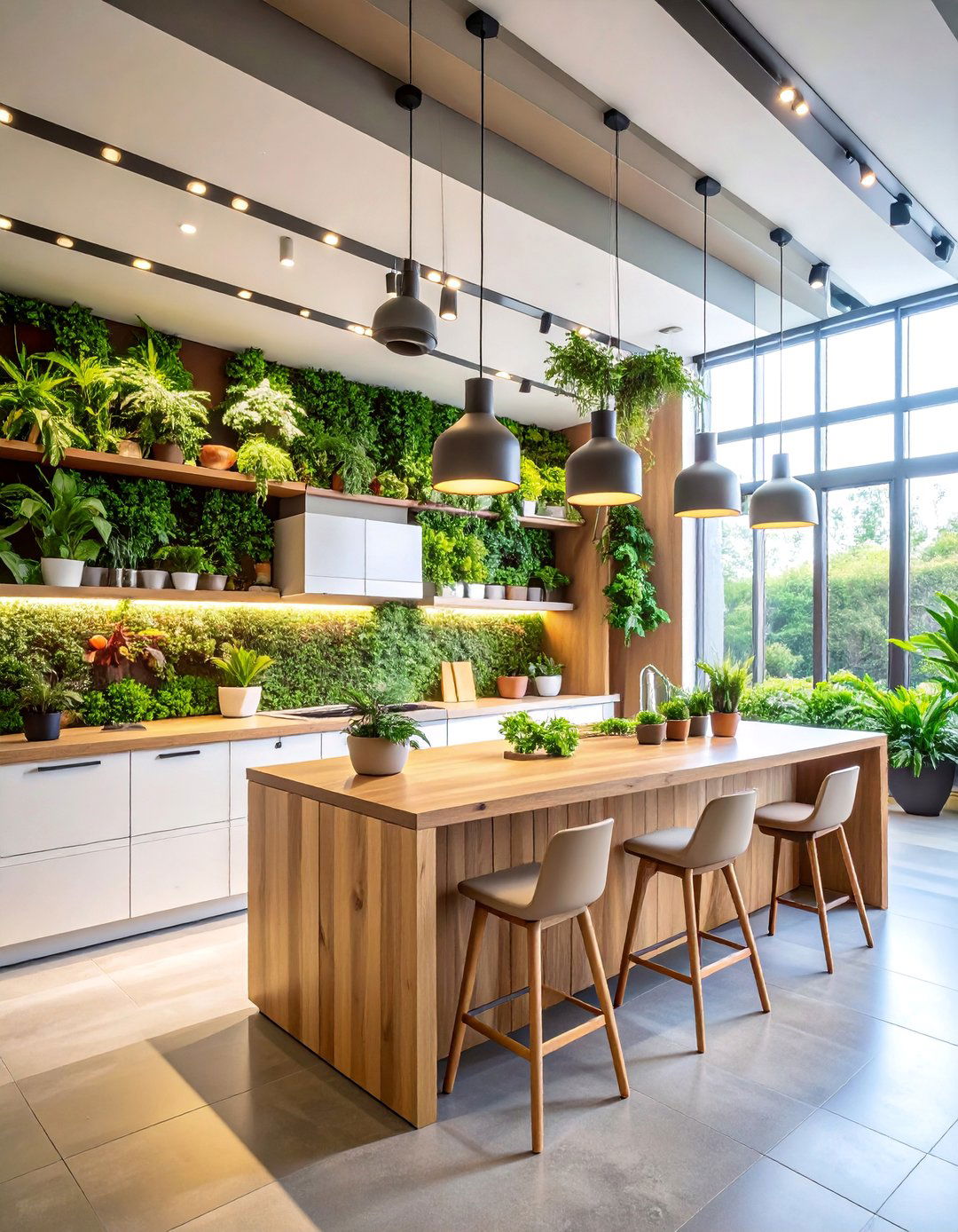 Biophilic Kitchen with Living Plant Walls - 25 Office Kitchen Ideas