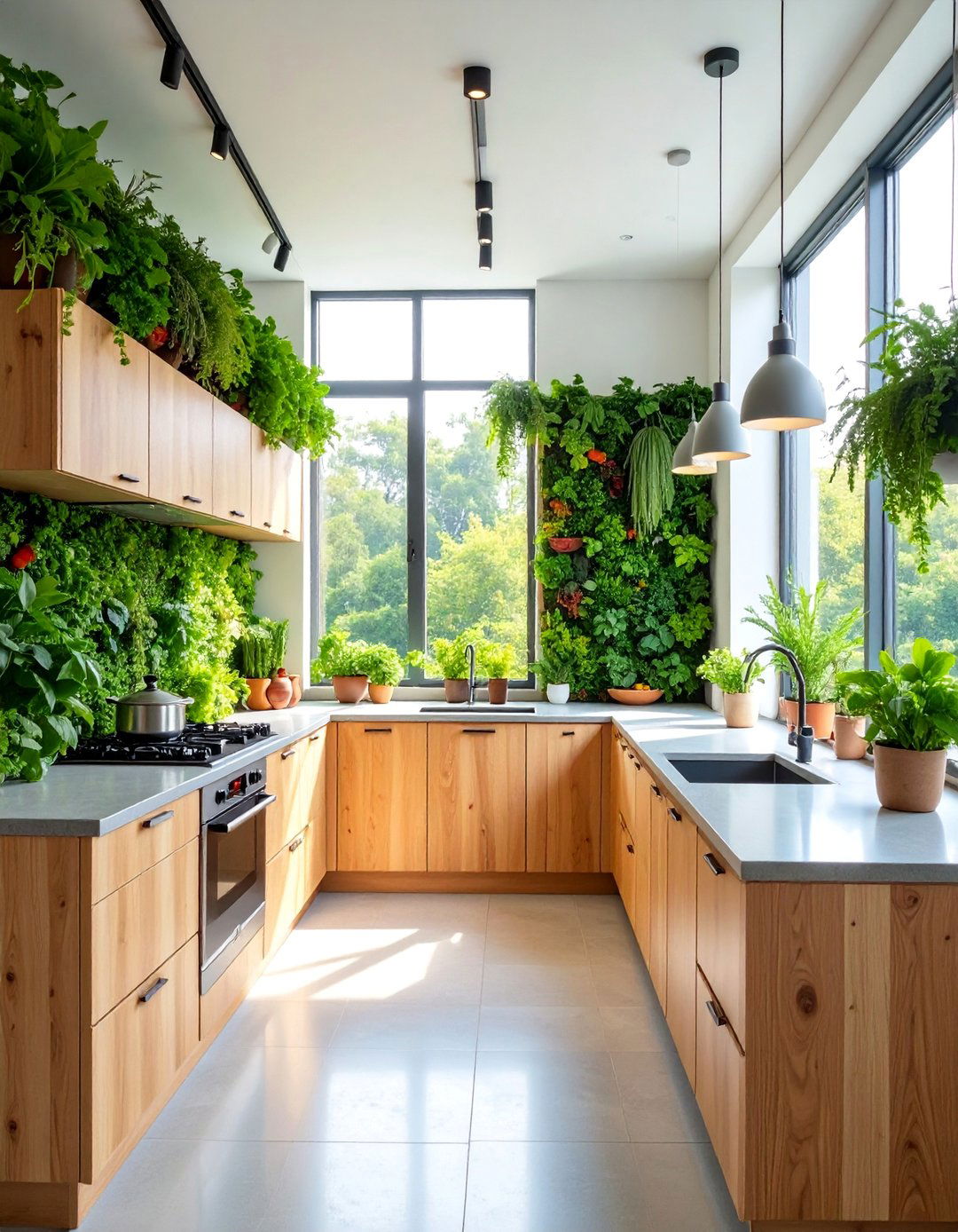 Biophilic Kitchen with Living Plant Walls - 25 Natural Kitchen Design Ideas