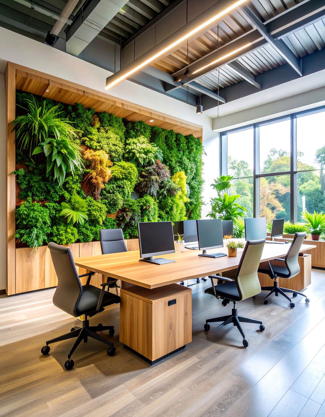 Biophilic Office with Living Green Wall Feature - 25 Office Accent Wall Ideas