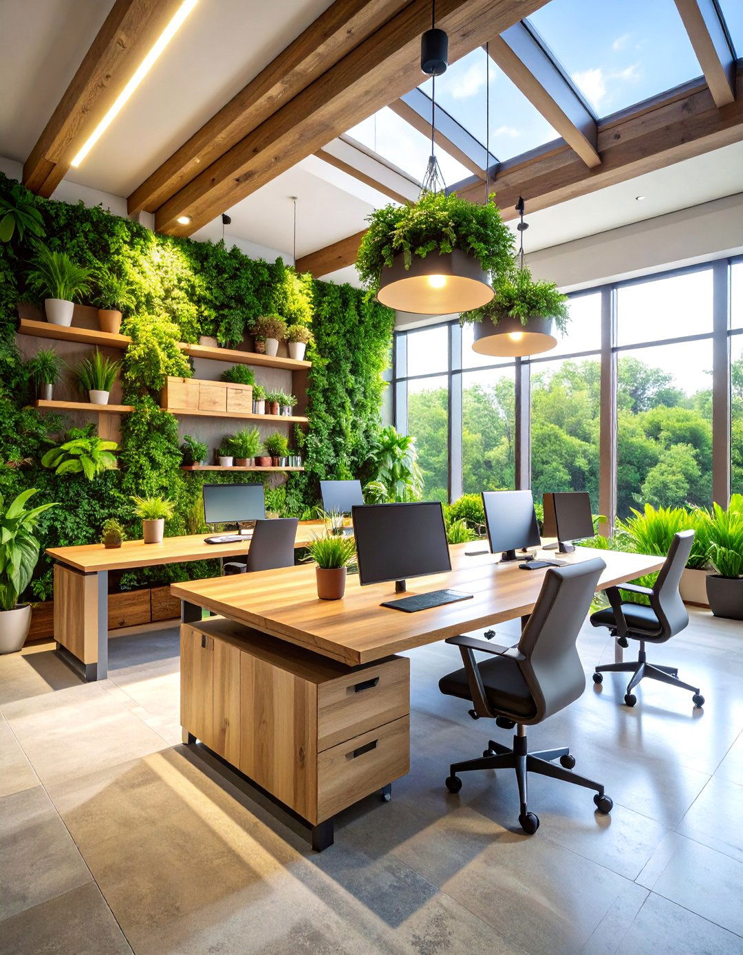 Biophilic Workspace with Living Wall Features - 25 Office Interior Design Ideas