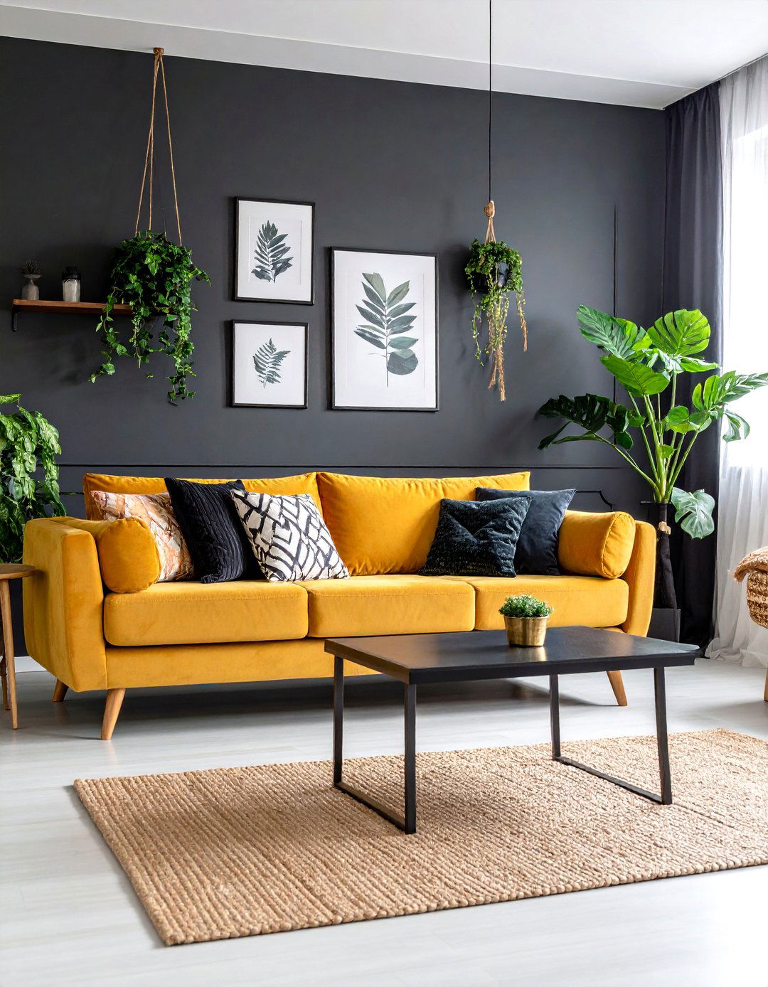 Black Accent Wall with Mustard Velvet Seating - 25 Black Boho Living Room Ideas