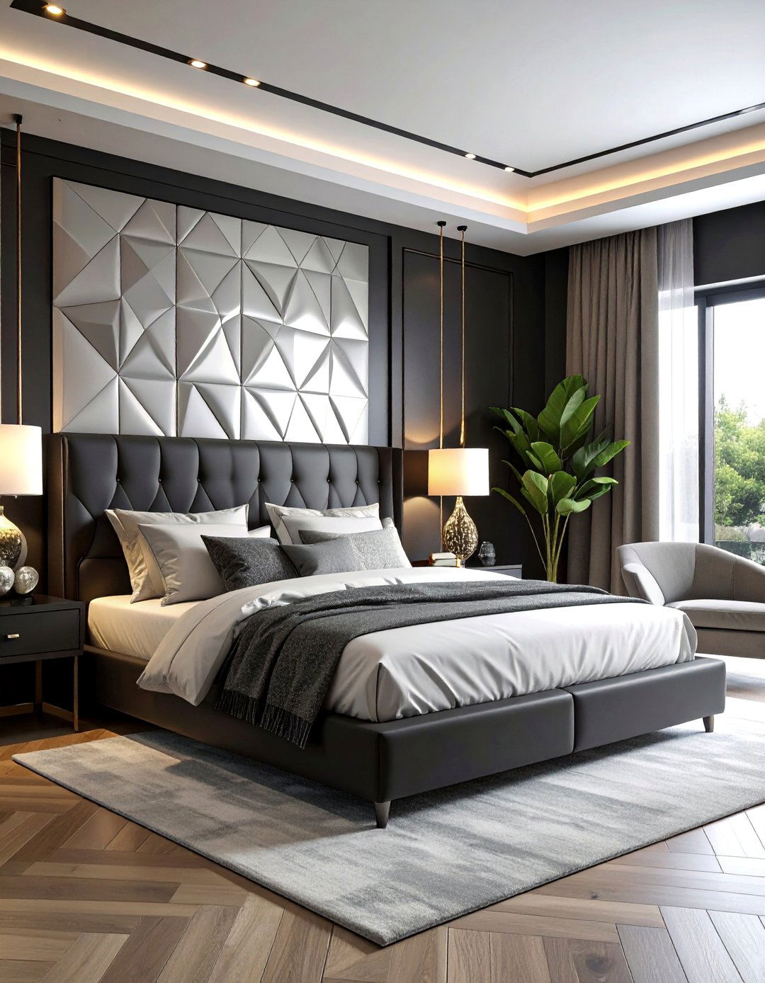 Black Accent Wall with Silver Geometric Art - 25 Black and Silver Bedroom Ideas