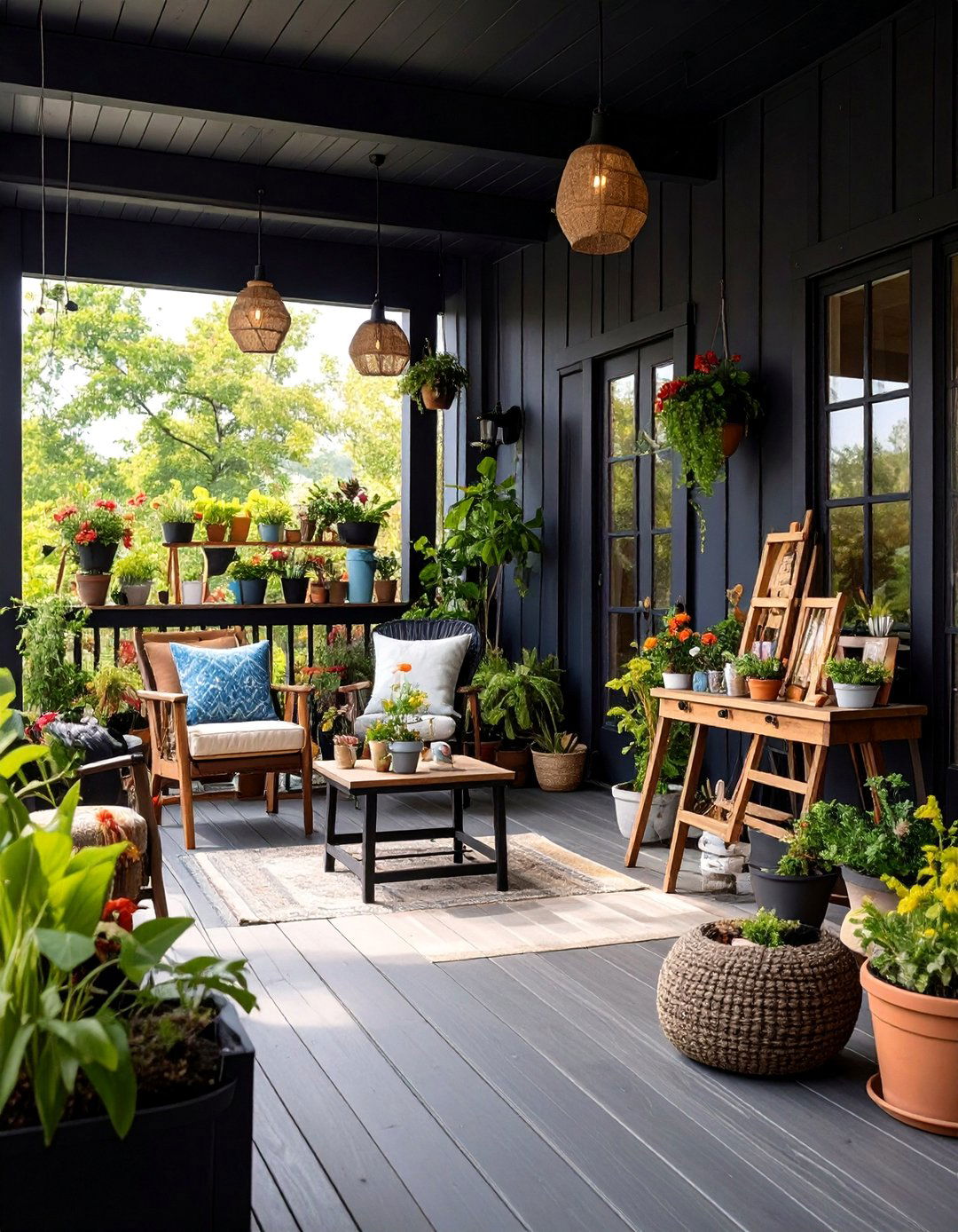 Black Artistic Porch with Creative Expression - 25 Black Porch Ideas