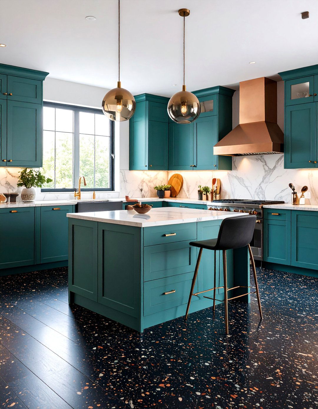 Black Base Terrazzo Kitchen Floor with Metallic Chips - 25 Terrazzo Kitchen Floor Ideas