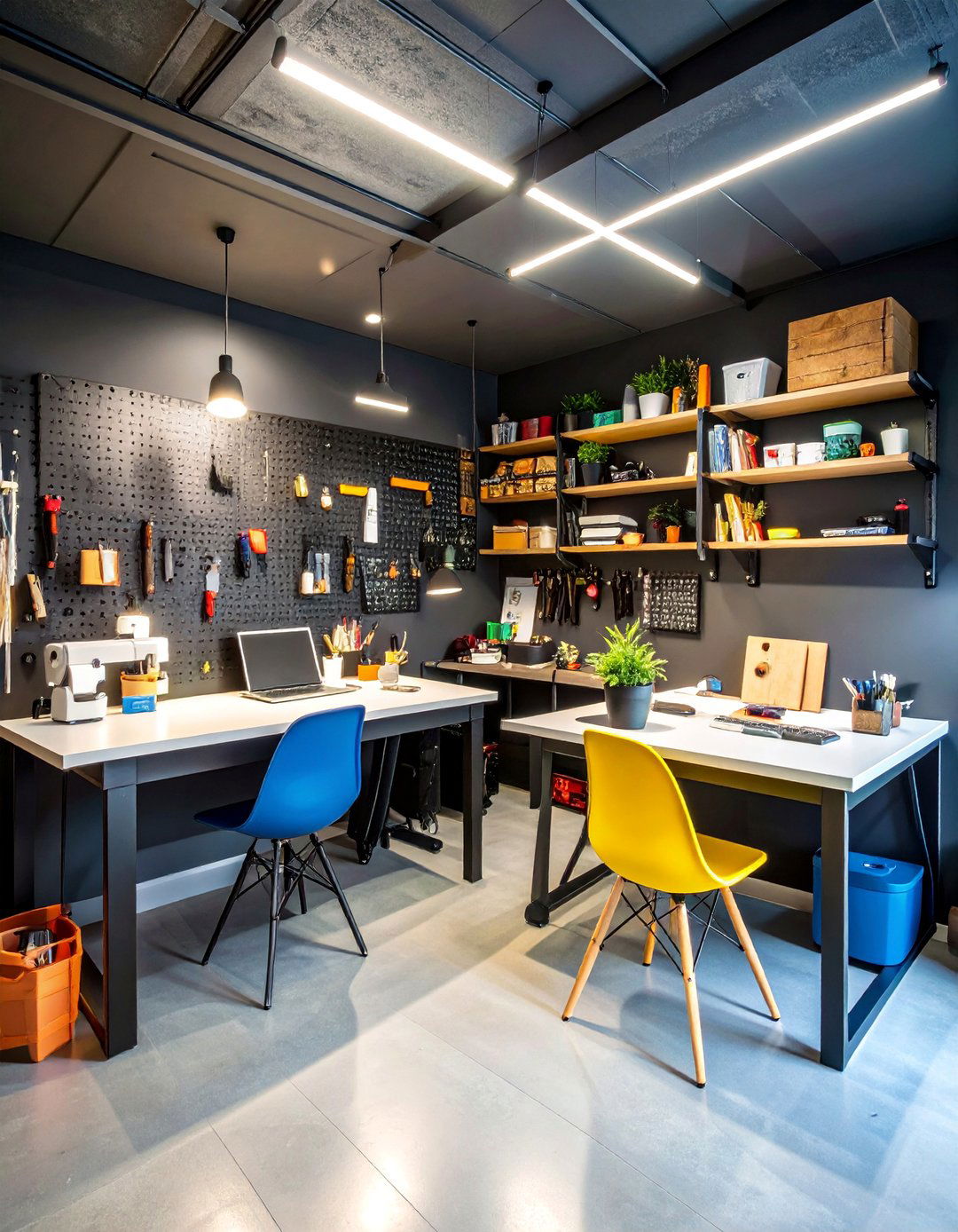 Black Basement Craft Room with Organization Systems - 25 black basement ideas