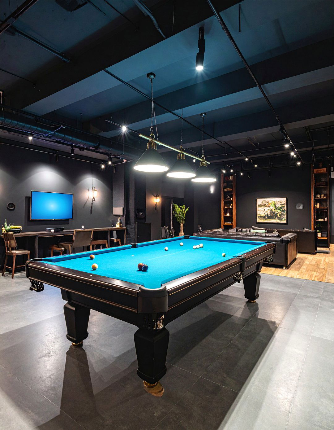 Black Basement Game Room with Entertainment Features - 25 black basement ideas