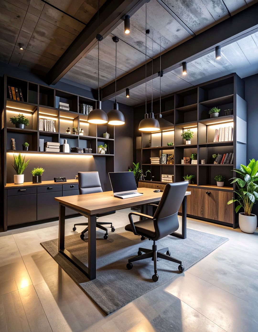 Black Basement Home Office with Built ins - 25 black basement ideas