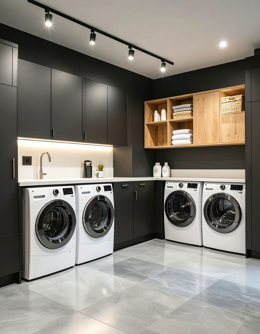 Black Basement Laundry Room with Modern Efficiency - 25 black basement ideas