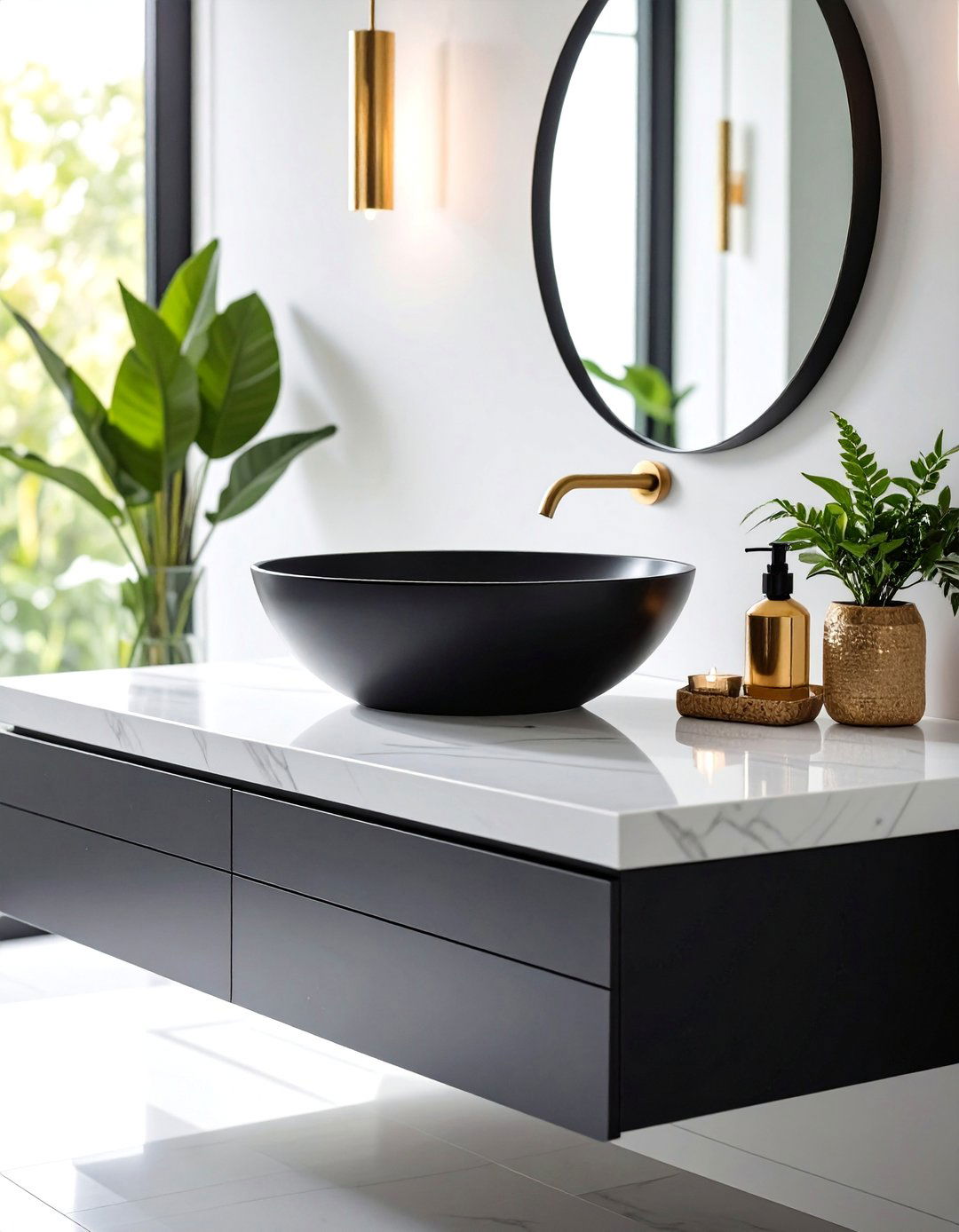 Black Basin with White Countertop Modern Contrast - 25 Black and White Powder Room Ideas