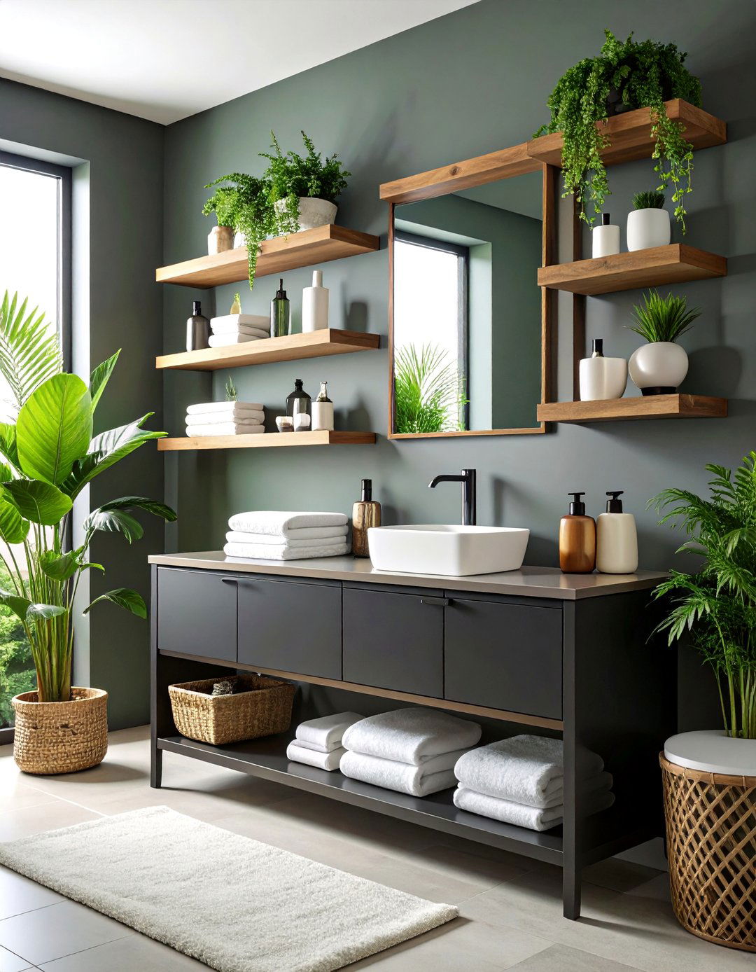 Black Bathroom Vanity with Open Shelving Display - 25 bathroom with black cabinets ideas