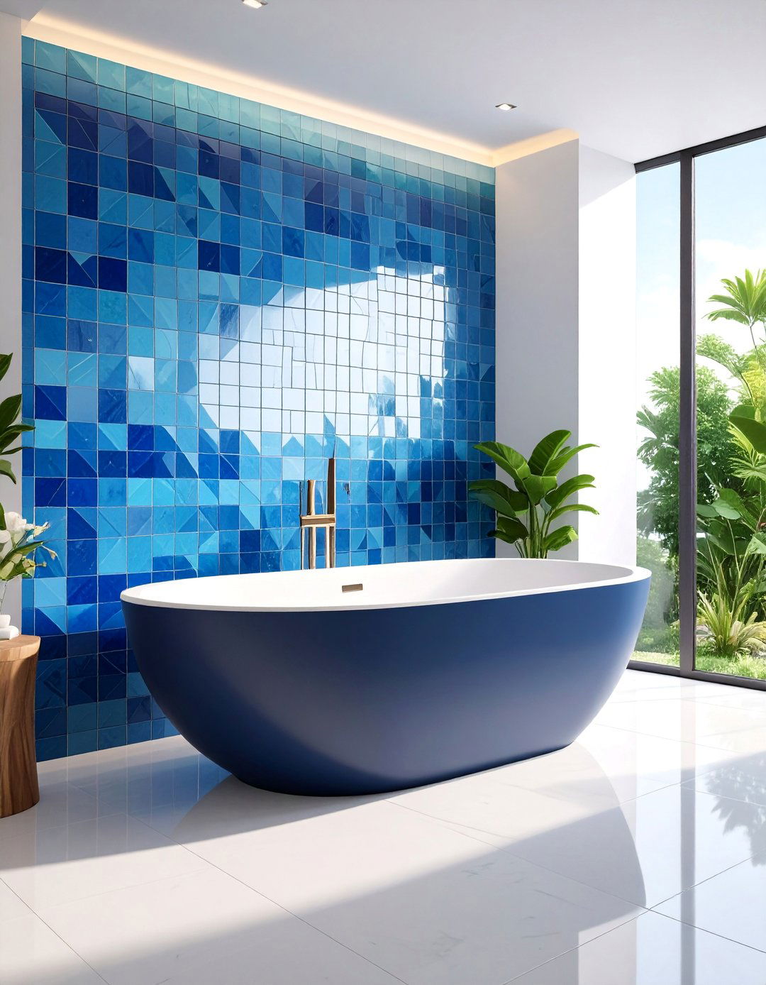 Black Bathtub with Blue Mosaic Surround - 25 black and blue bathroom ideas