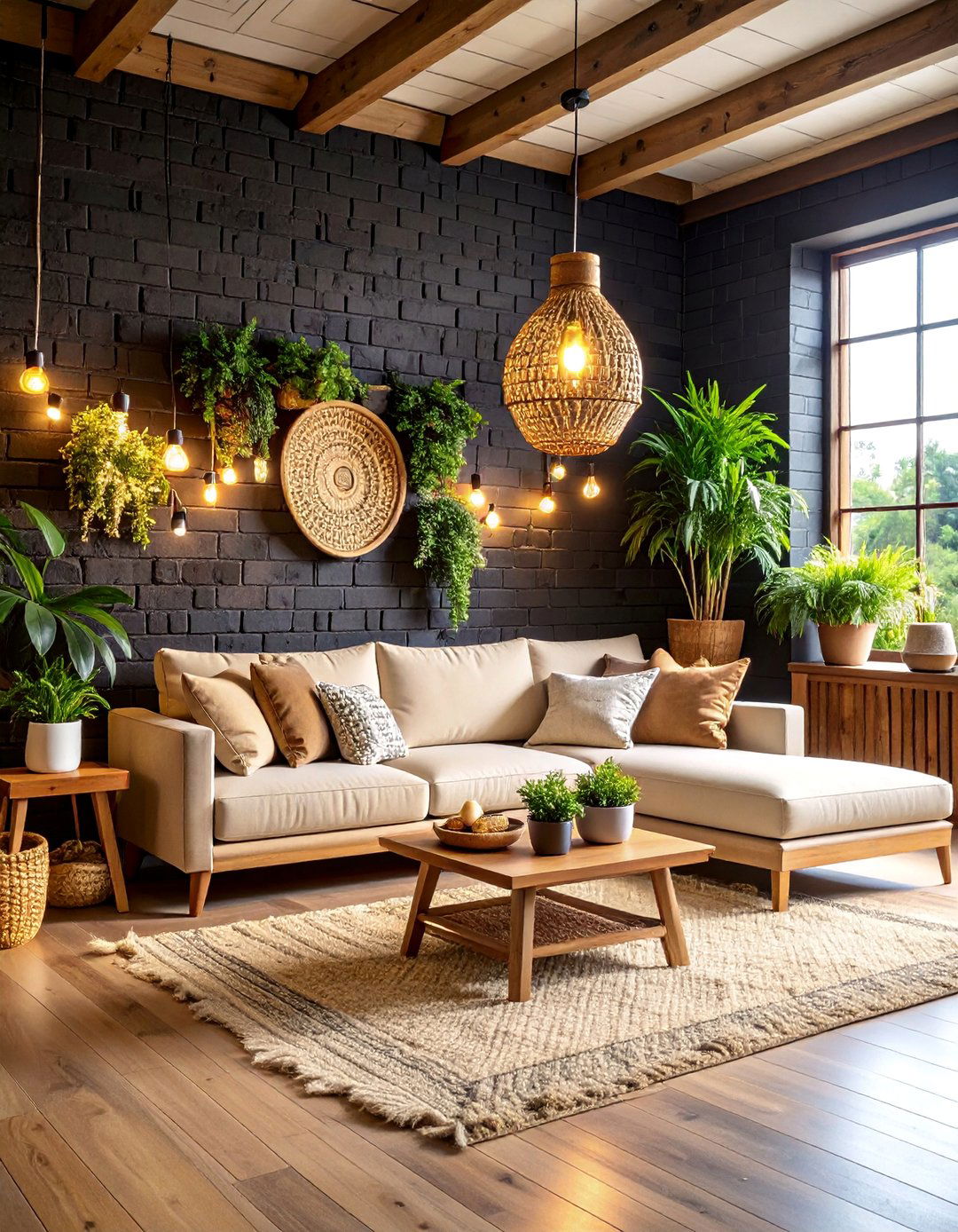 Black Brick Accent Wall Feature - 25 Black Boho Living Room Ideas
