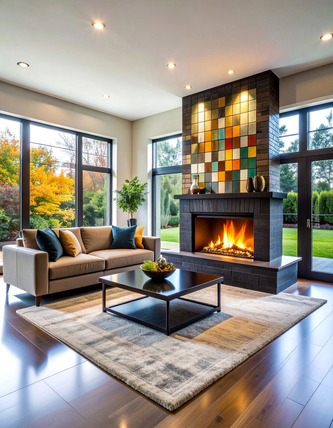 Black Brick Fireplace with Glass Tile Mosaic Surround