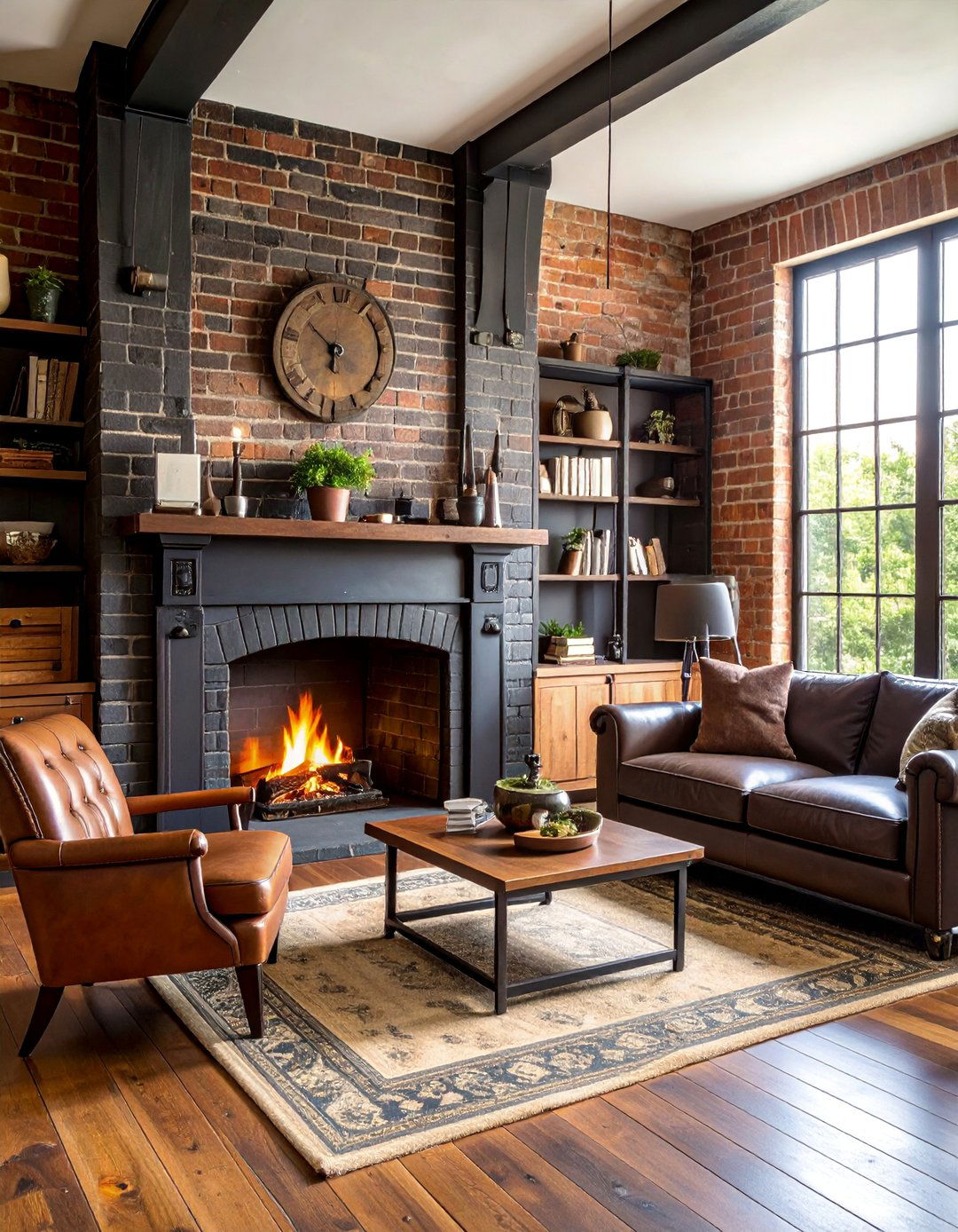Black Brick Fireplace with Vintage Industrial Accessories - 25 Black Brick Fireplace Ideas