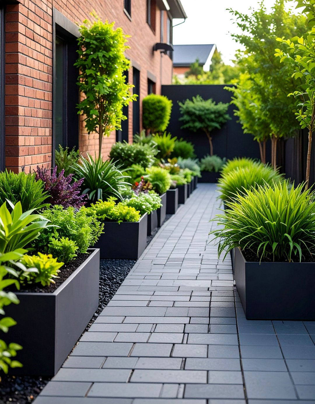 Black Brick Walkway with Built in Planters - 25 Black Brick Walkway Ideas