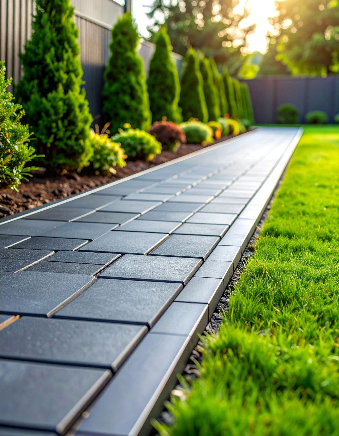 Black Brick Walkway with Metal Edging - 25 Black Brick Walkway Ideas