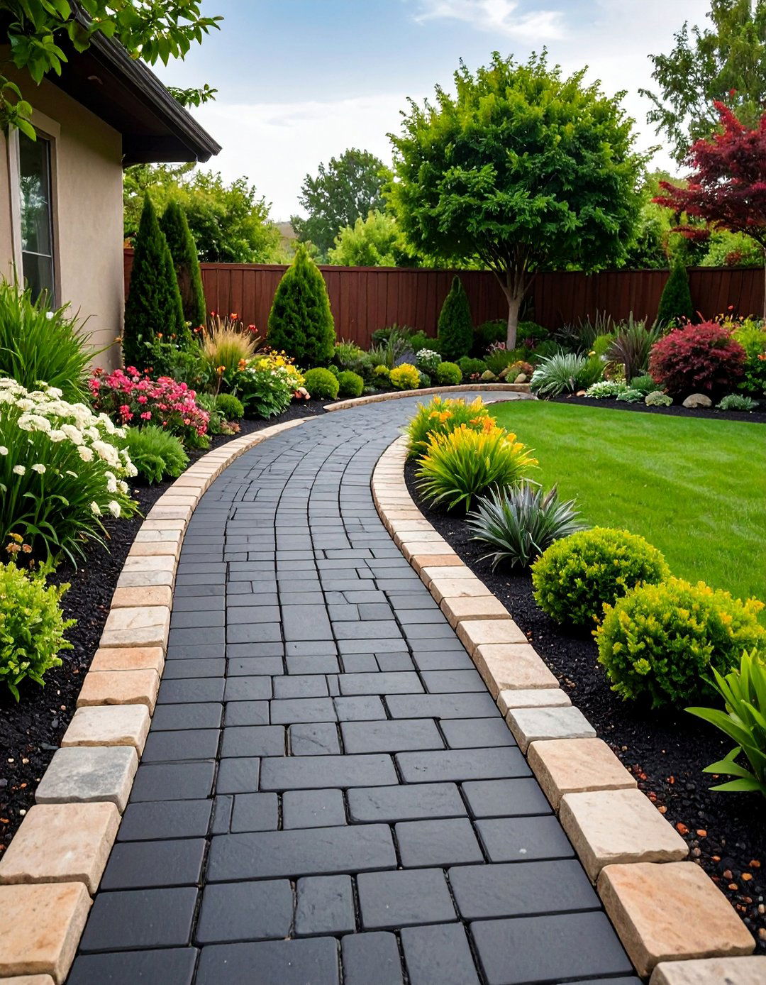 Black Brick Walkway with Natural Stone Borders - 25 Black Brick Walkway Ideas