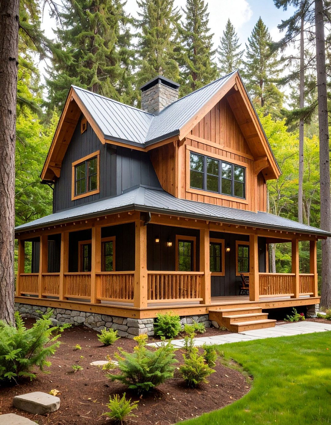 Black Cabin with Natural Wood Details - 25 Black House Exteriors & Paint Colors