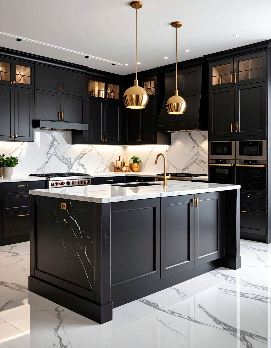 Black Cabinets with Marble Countertops and Backsplash - 25 Black Kitchen Cabinet Ideas