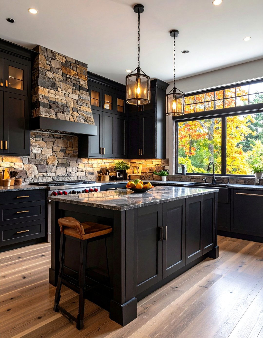 Black Cabinets with Natural Stone Backsplash - 25 Black Kitchen Cabinet Ideas