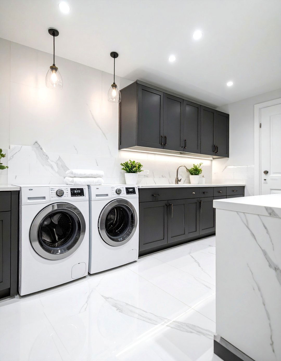 Black Cabinets with White Marble Countertops - 25 Black and White Laundry Room Ideas