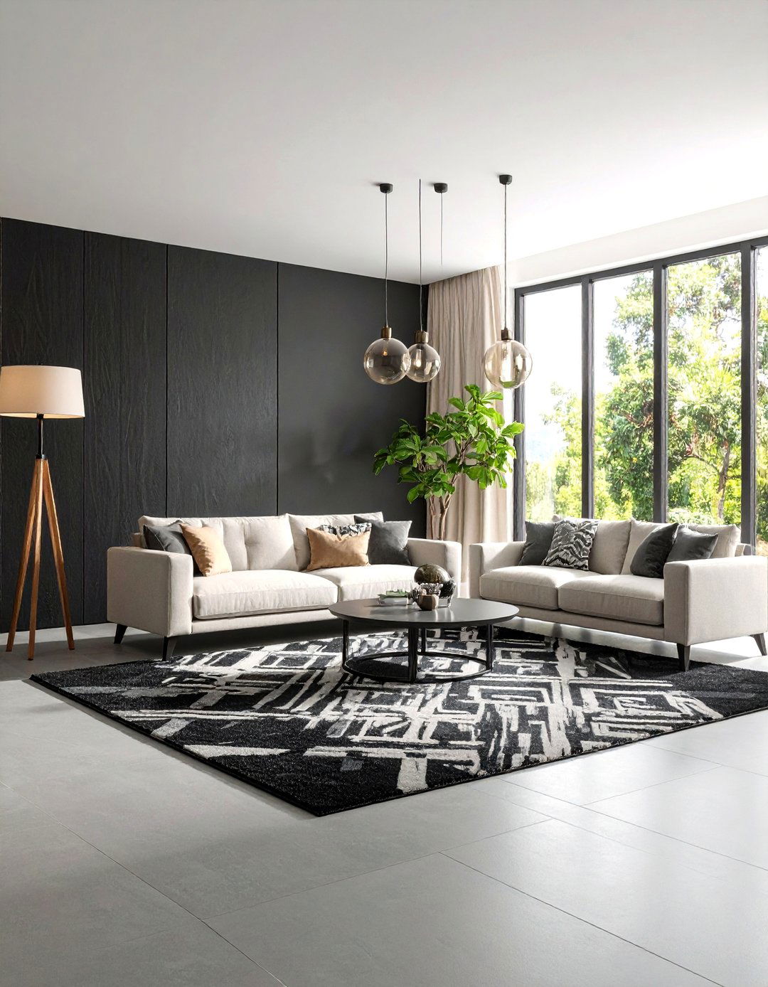 Black Carpet Living Room with Geometric Patterns - 25 Black Carpet Living Room Ideas