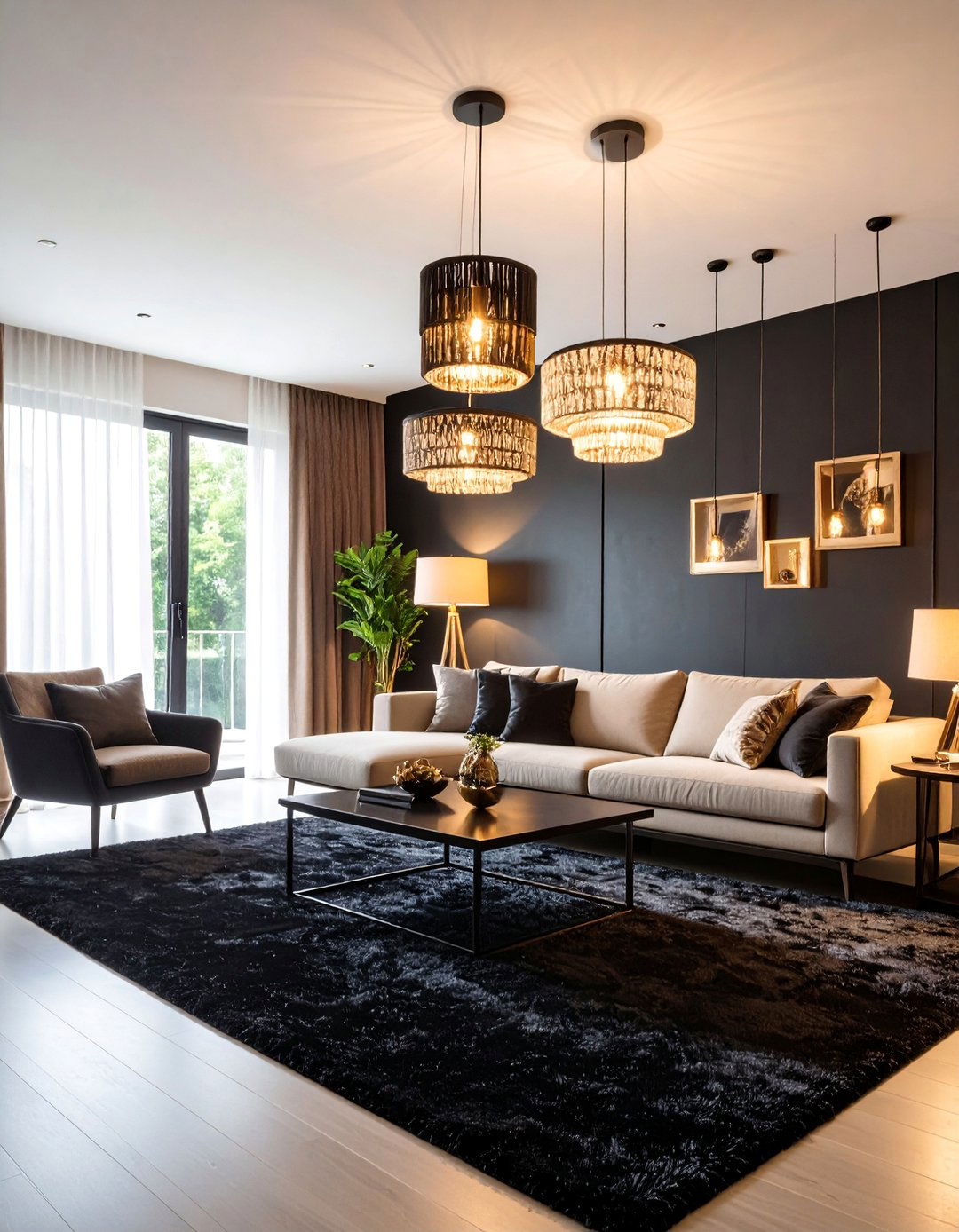 Black Carpet Living Room with Statement Lighting - 25 Black Carpet Living Room Ideas