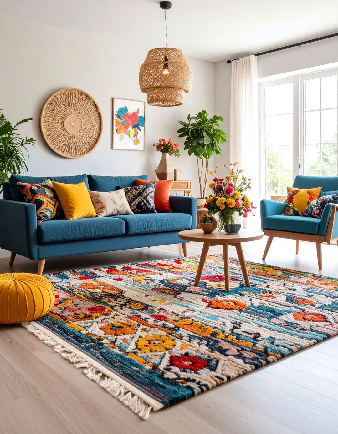 Black Carpet with Colorful Accent Pieces - 25 Black Carpet Living Room Ideas